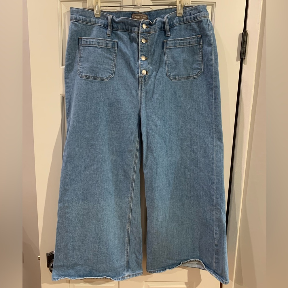 Point Sur J. Crew Wide leg Cropped High Waisted Light Blue washed jeans.